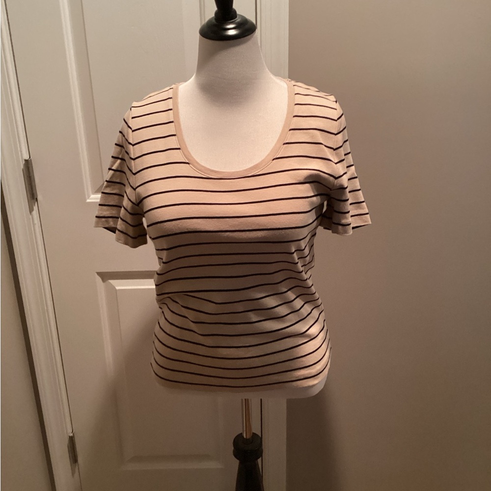 LOFT Beige and Black Striped Short Sleeve Tee